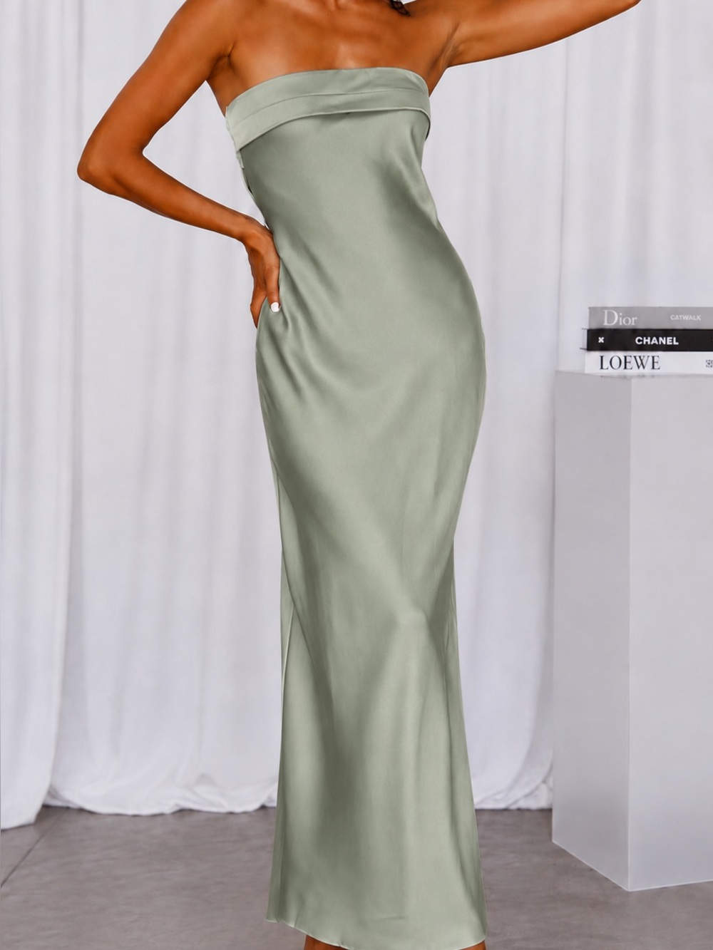 Strapless Sage Green Satin Evening Dress
